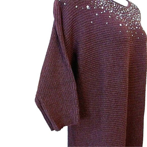 Lane Bryant 18/20 Burgundy Knit Sweater 3/4 Dolman Sleeves Iridescent Beads VGUC - Picture 8 of 9